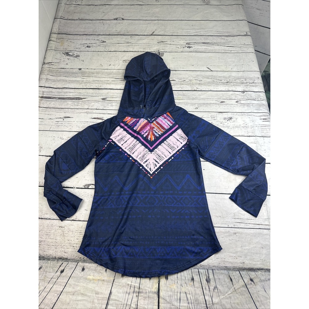 Navy‎ Blue Geometric Tribal  Hooded Pullover Top Long Sleeve Boho Lightweight